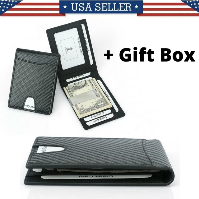 Leather Bifold Slim Men's Wallet Carbon Fiber RFID Blocking Case with Money Clip