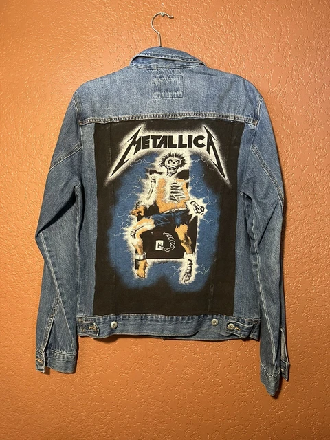 METALLICA - DIY Thrash Metal Distressed Denim Jacket WHIPLASH Patches Studs  L