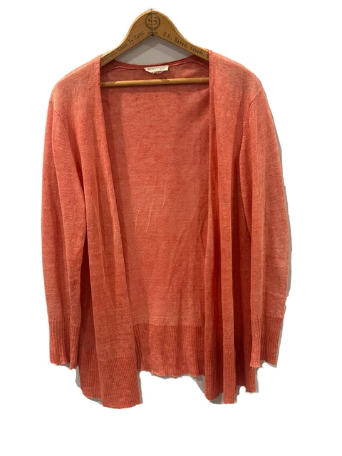 Eileen Fisher womens medium coral orange salmon open front linen cardigan flawed