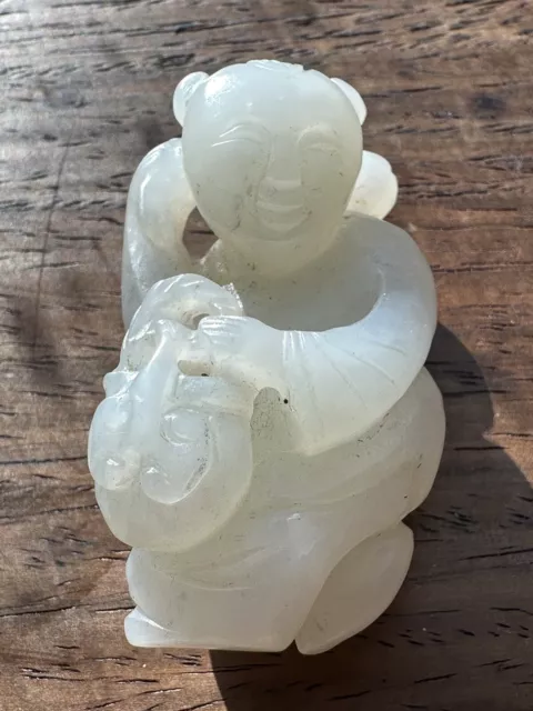 Beautiful Hand Carved Chinese Qing Period Antique White Jade Child