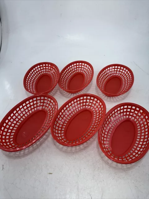 6 Vtg Oval Fast Food Baskets Reusable Bread Fry Basket for Burgers Fries -RED