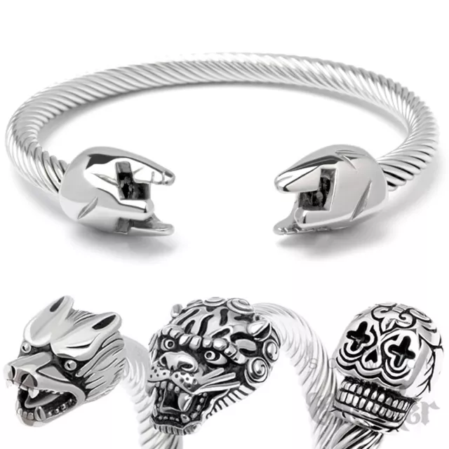 Edelstahl Herren Armreif Armband silber Wolf Drache Totenkopf Sparta Kriegerhelm