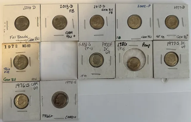 Lot of (11) Mixed Date PR & MS Clad Roosevelt Dimes 1972-2014