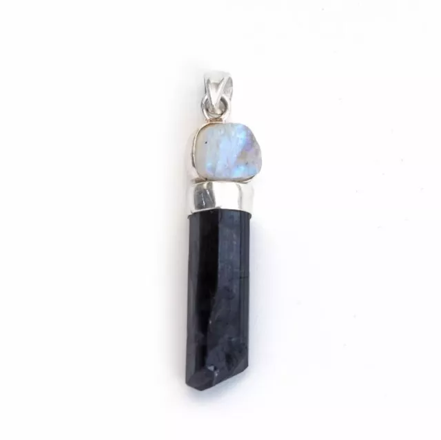 925 Sterling Silver Rainbow Moonstone With Black Tourmaline Pendant For Woman