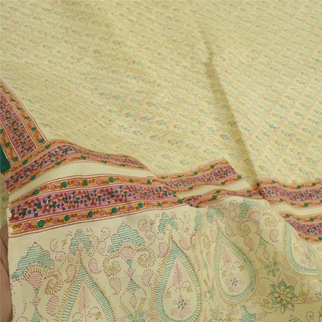 Sanskriti Vintage Sarees Cream Indian Pure Silk Printed Sari Floral Craft Fabric
