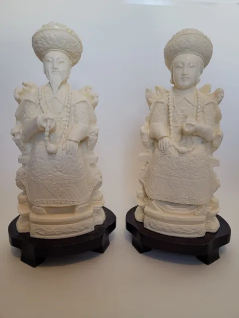Vintage Hand Carved Resin Chinese Emperor & Empress Figurines Statue Wood Base