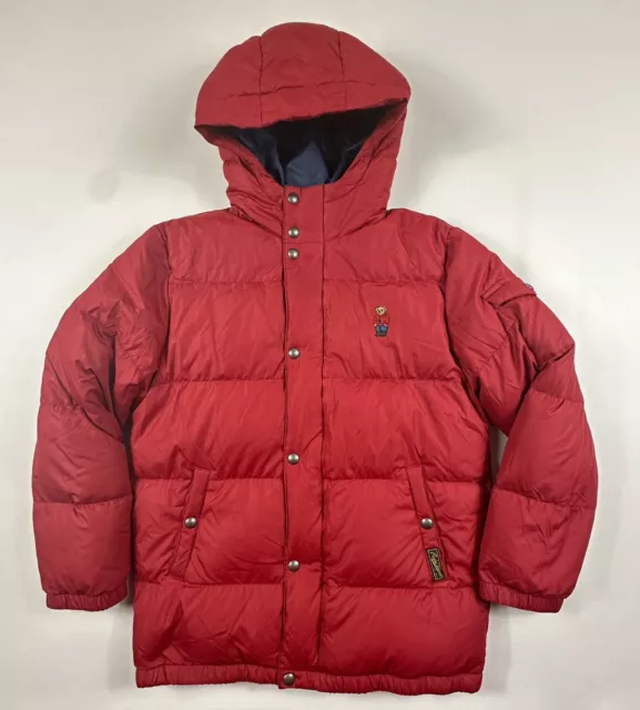 Polo Ralph Lauren Down Coat Youth Large 14-16 Red Puffer Polo Bear Hooded Boy's