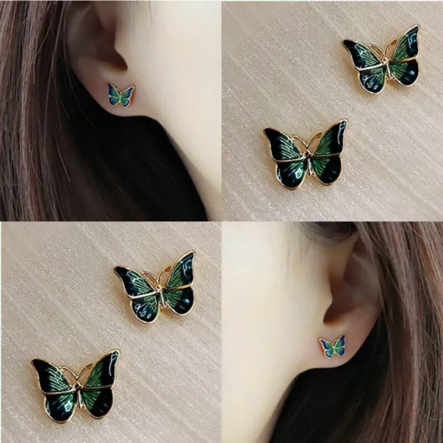 Cute New Fashion Jewelry Yellow Gold Blue Green Enamel Butterfly  Stud Earrings