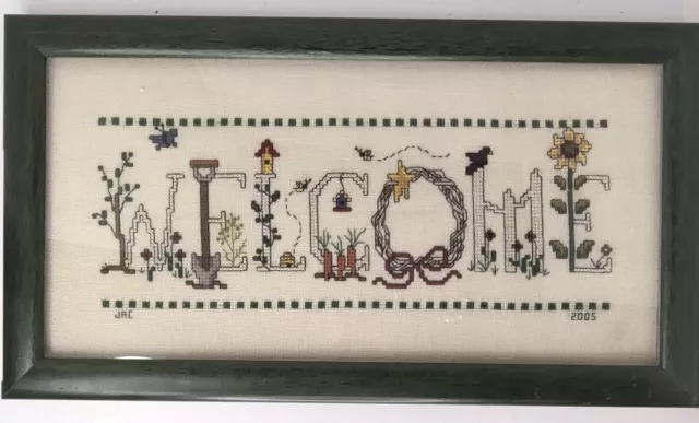 Completed Hand Made Cross Stitch Welcome Framed Birds Flowers