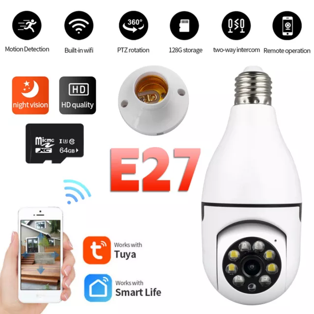 360° Panoramic 1080P Wireless E27 Bulb Camera Smart Security Camera WiFi +64G US