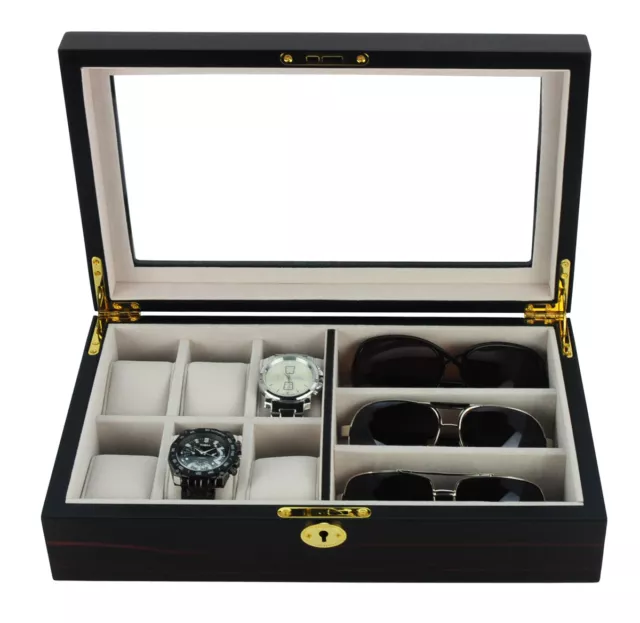 6 Watch 3 Eyeglass Ebony Wood Walnut Storage Display Glasses Case Organizer Box