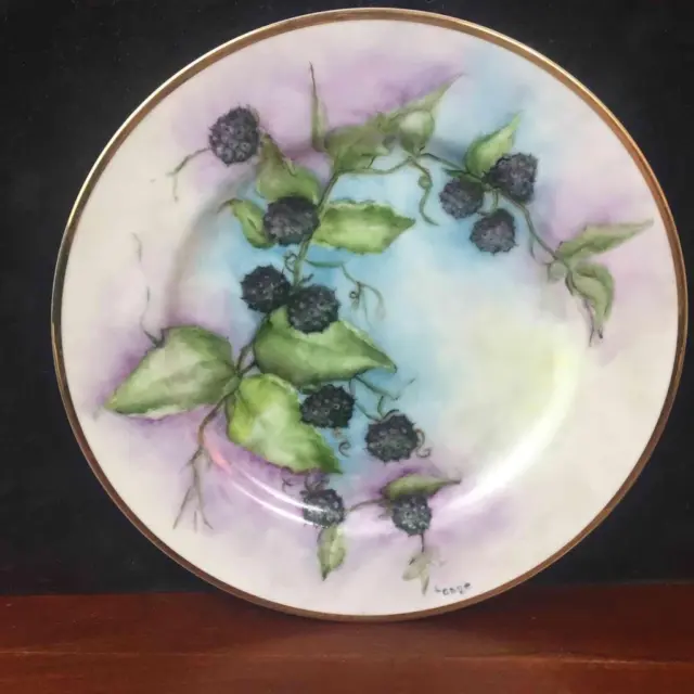 Vintage Porcelain 7 1/2" Decorative Plate Hand Painted Lois Gage Black Berries