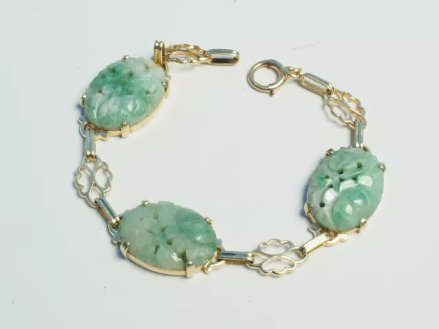 Art Deco Vintage 14K SOLID Yellow GOLD 15.1 gram jadeite jade cabochon BRACELET 2