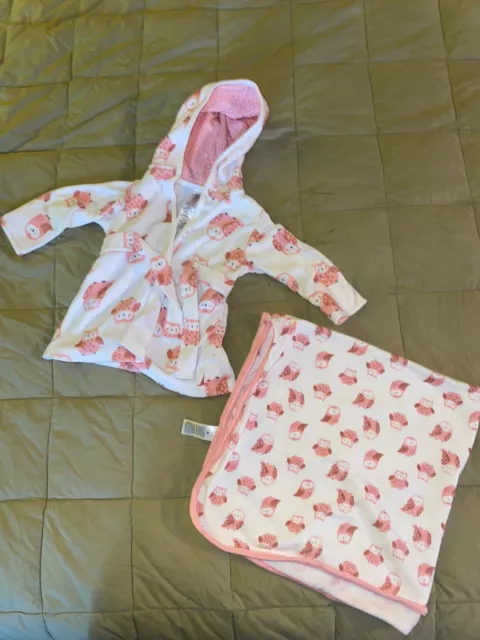 Baby Girl Robe And Towel Set Pink Owls GUC 0-9 Months