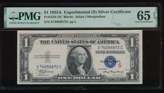 AC 1935A $1 Silver Certificate "S" Experimental PMG 65 EPQ Fr 1610