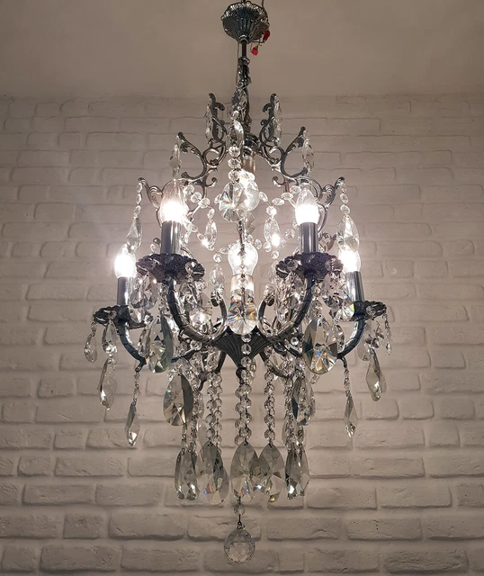 Antik Vintage 6 Arme Messing & Kristalle Kronleuchter Beleuchtung Deckenlampe