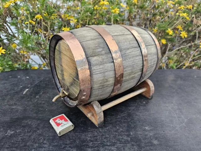 Port Wooden Oak Keg Barrel 31cm w Brass Tap on Stand Vintage Collectible