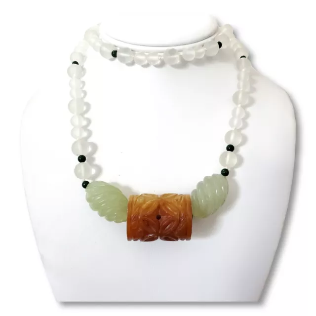 Vintage Ornate Frosted Matte Quartz Crystal Carved Jadeite Carnelian Necklace