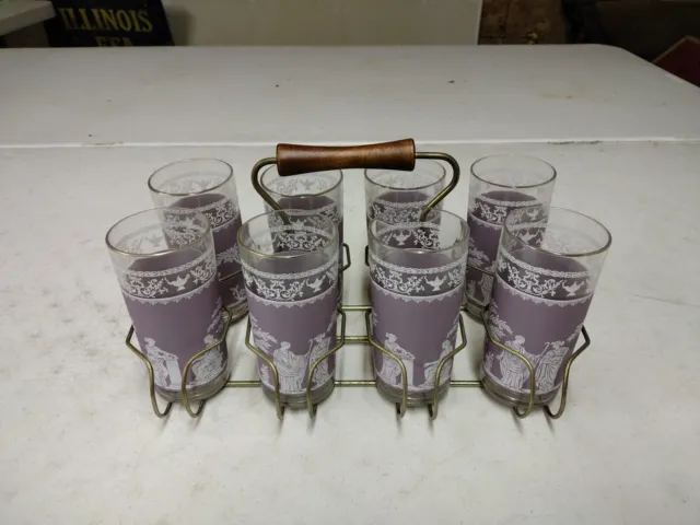 Vintage Jeanette Grecco Roman Hellenic Lilac 5.5" Jasperware Glass Set & Caddy