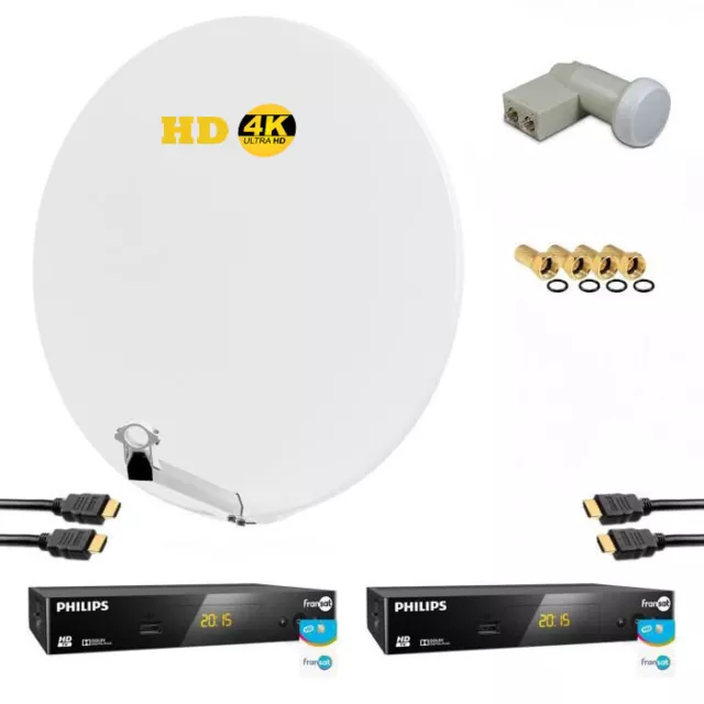 Kit Parabole Sat Fibre Hd 4K  85Cm + Lnb Twin + 2X Récepteurs Tv Fransat + Carte