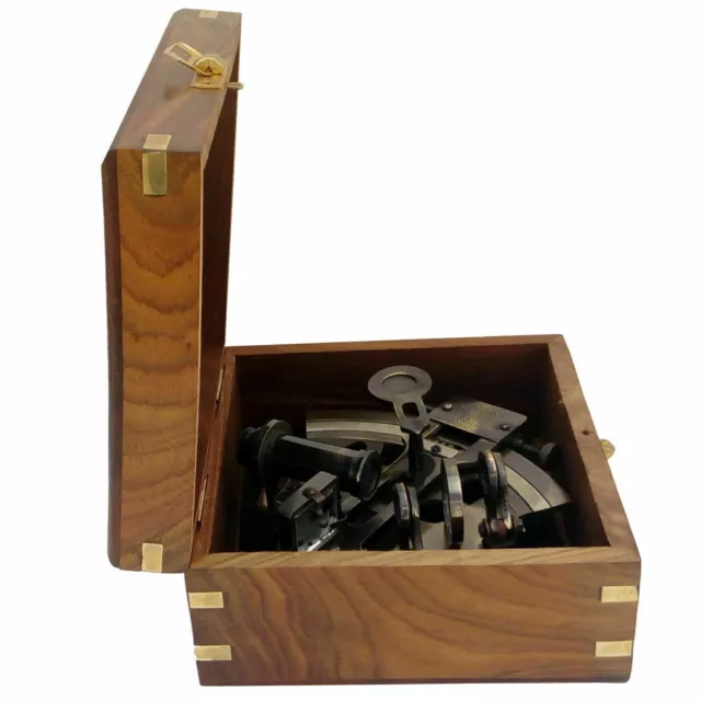 5" Antique Finish Brass Navigation Maritime Nautical Marine Sextant W/Wooden Box