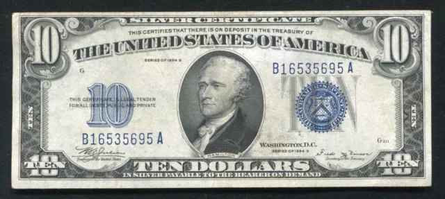 Fr. 1703 1934-B $10 Ten Dollars Silver Certificate Scarce Series Ef (C)