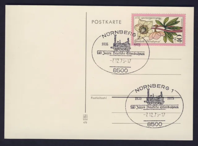 Bund 874 Karte Sonderstempel Nürnberg 140 Jahre Deutsche Eisenbahnen Adler 1975