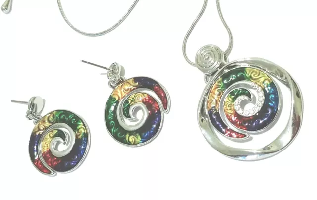 Rainbow Koru Shaped Necklace & Earring Set - Designer Jewellery