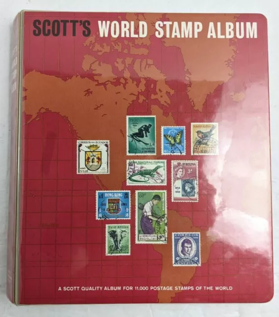 Vintage 1969 Scott’s World Stamp Album Red Binder With Pages & Some Stamps