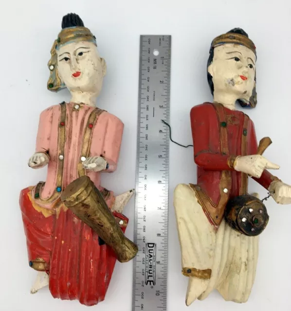Set of 2 Burmese Painted Hand-Carved Wooden Temple Musician Figurines 10 inches 2