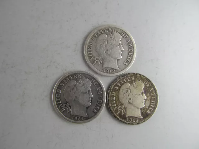 Set of 3 Different F Grade Barber Silver Dimes -- BETTER GRADE COINS!