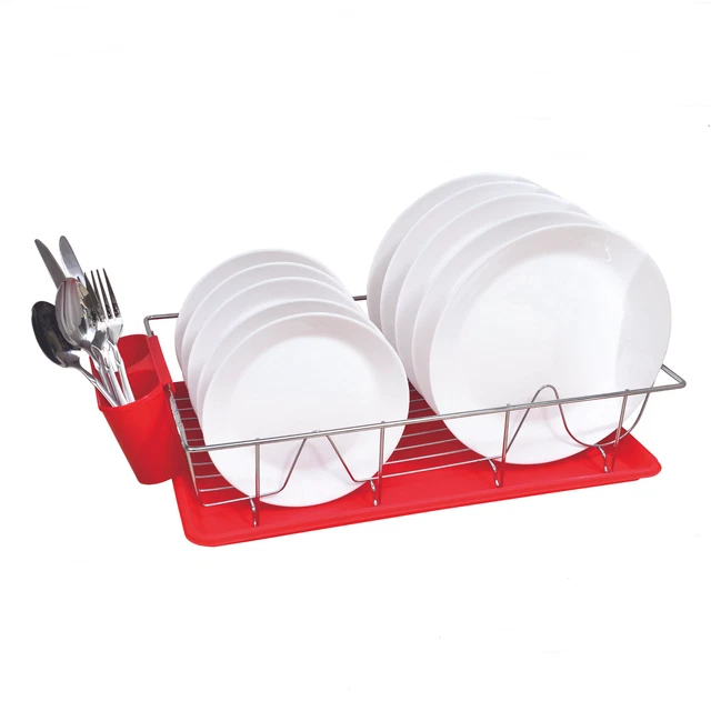 Kitchen Details 3 Piece Chrome Dishrack with Tray in Red
