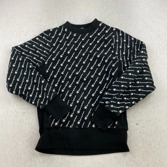 Champion Sweater Mens S All Over Print Ribbed Long Sleeve Pullover Jersey Black