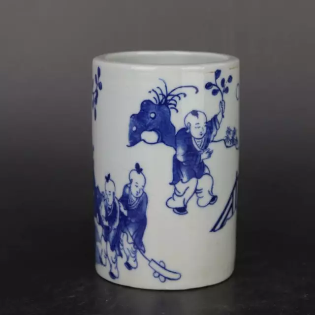 Chinese Blue and White Porcelain Pot Kids Design Pen Holder Jar 4.72 inch