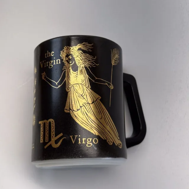 Vtg VIRGO Federal Glass Zodiac Astrology Coffee Mug Black Gold Milk Glass