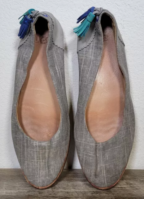 UGG Australia sz 8 Gray Canvas Chambray Blue Tassels Ballet Flats Slip On Shoes