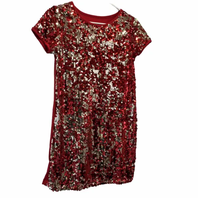 Girls Sequin Dress Size 14-16 Red And Gold Sparkly Knee Length Short Sleeve