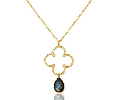 Art Deco Pendent Yellow Gold Plated Labradorite Gemstone Chain Necklace In Brass
