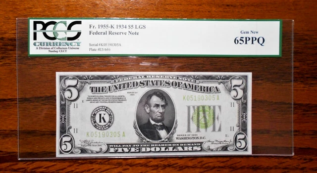 1934 $5 Federal Reserve Note (LGS) Light Green Seal 💲 PCGS 65PPQ ~ Dallas 3