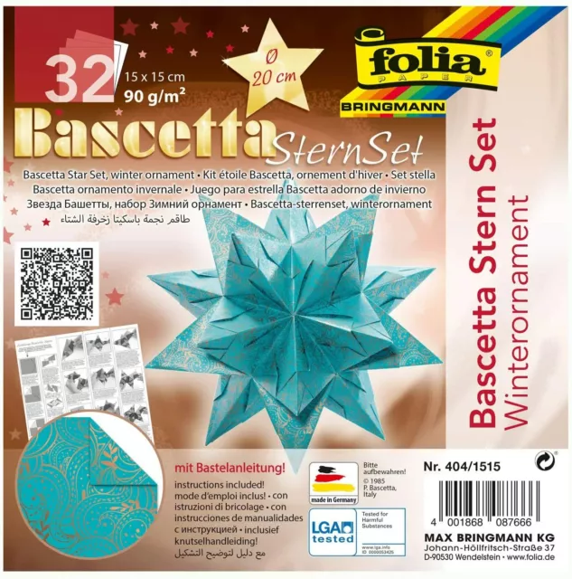 folia Bascetta Stern Ornament 15x15 Origami türkis 32 Blatt Bastelset Faltblatt