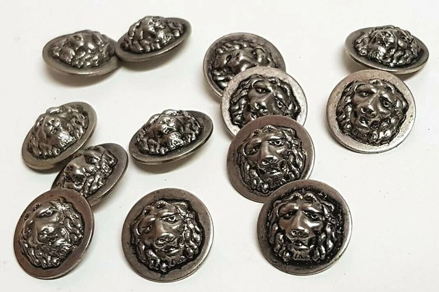 MERCERIE LOT 25 ANCIENS BOUTONS TETE DE LION  MÉTAL ARGENTÉ 20 mm BUTTONS # E0