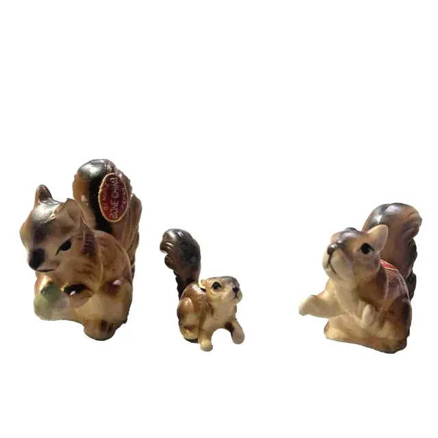 Squirrel Lot of 3 Bone China Miniature Figurines Made in Japan Sticker Vintage