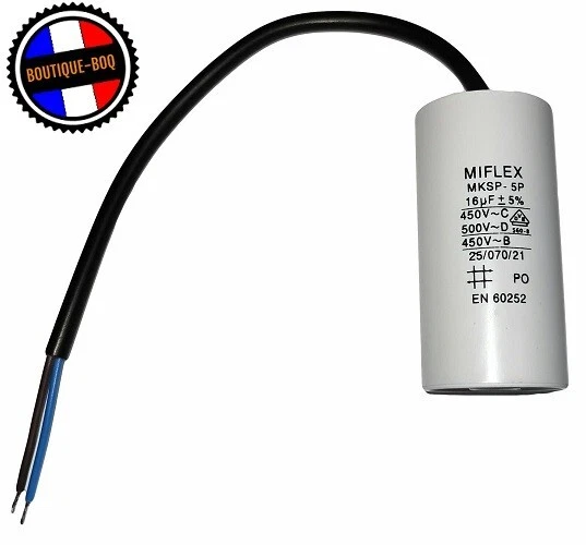 Condensateur Miflex Moteur De Démarrage Permanent 16µF 450V à Fils Câble 16 uF