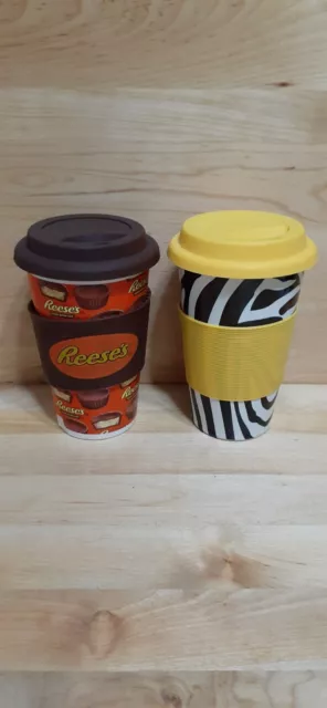 ZEBRA STRIPES/YELLOW    & REESES PB Ceramic Coffee CUP 16oz Silicone Lid & Grip
