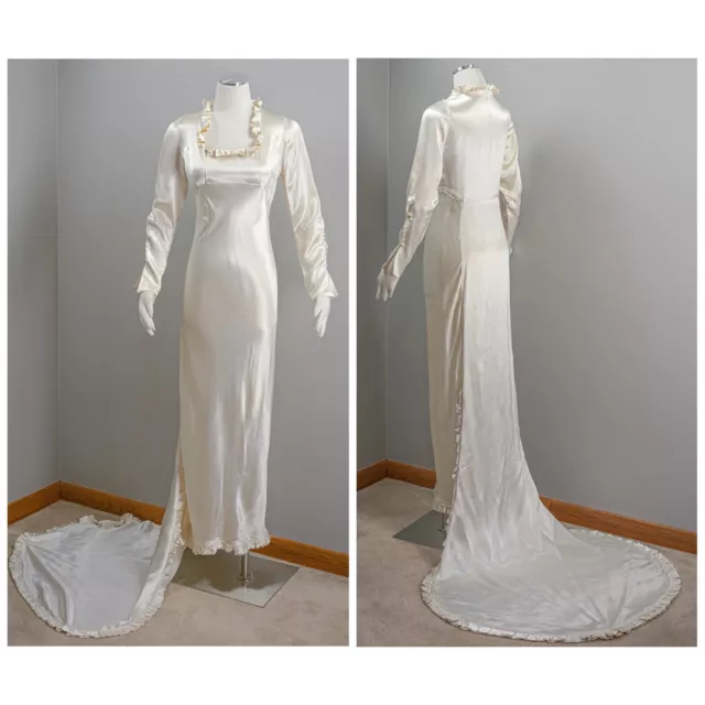 Wonderful 30s Crepe Backed Satin Cream Wedding Gown, Ruffles, with Train, Empier