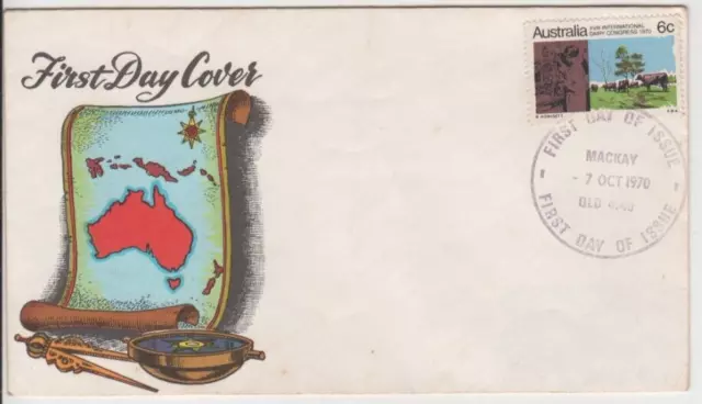 Stamp 1970 Australia 6c Dairy Congress on Seven Seas cachet FDC Mackay postmark