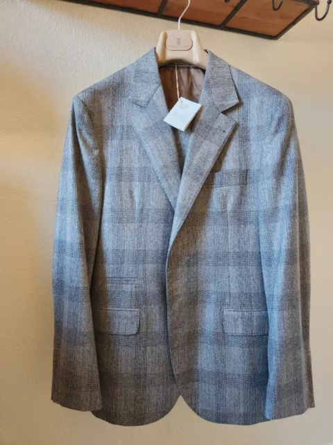 Brunello Cucinelli Light Gray Plaid Wool Suit 40R Eu50 NWT
