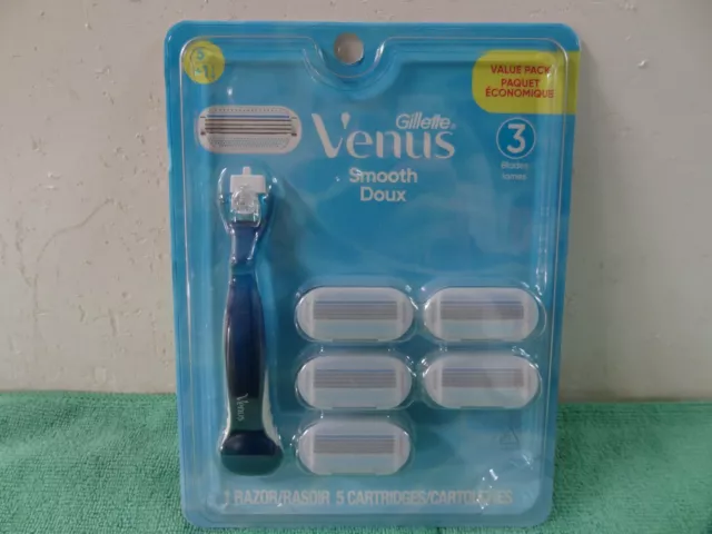 NEW Gillette Venus Smooth Doux Women's Razor + 5 Cartridges 3 Blades