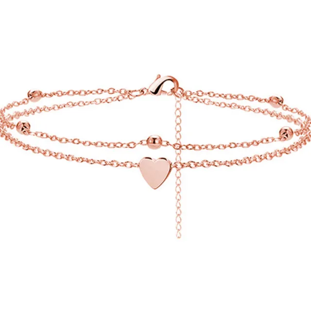 Women Double Layer Heart Beads Anklet Ankle Bracelet Foot Beach Chain Rose Gold