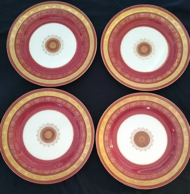 Vintage Set of 4 Minton Burgandy & Gold Leaf 9 "Luncheon Plates Globe Back Stamp